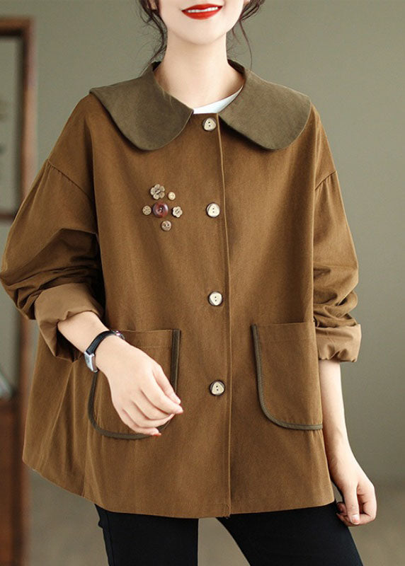 Loose Caramel Pockets Patchwork Coats Fall