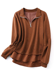 Loose Caramel Zip Up Patchwork Cotton Shirt Tops Fall