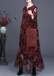 Loose Chocolate Long Lace Dress O Neck Maxi Dress