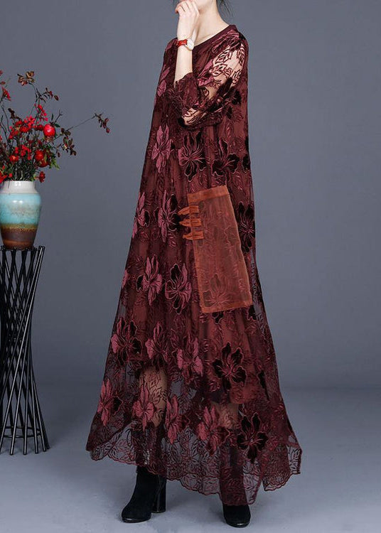 Loose Chocolate Long Lace Dress O Neck Maxi Dress