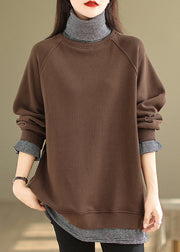 Loose Coffee Hign Neck False Two Pieces Warm Fleece Top Winter