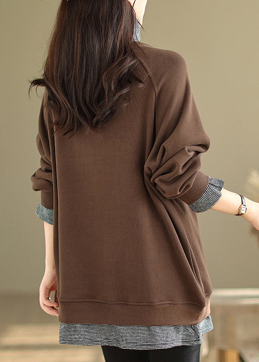 Loose Coffee Hign Neck False Two Pieces Warm Fleece Top Winter