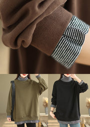 Loose Coffee Hign Neck False Two Pieces Warm Fleece Top Winter