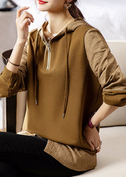 Loose Coffee Hooded Patchwork False Two Pieces Cotton Sweatshirts Fall