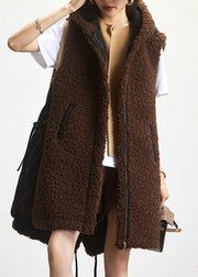 Loose Coffee Hooded Zippered Patchwork Teddy Faux Fur Waistcoat Sleeveless