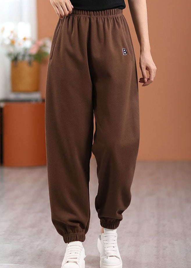 Loose Chocolate Letter Embroideried Elastic Waist Cotton Pants Spring