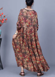 Loose Coffee O Neck Print Wrinkled Silk Long Dress Spring