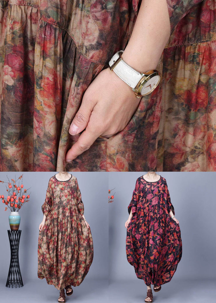 Loose Coffee O Neck Print Wrinkled Silk Long Dress Spring