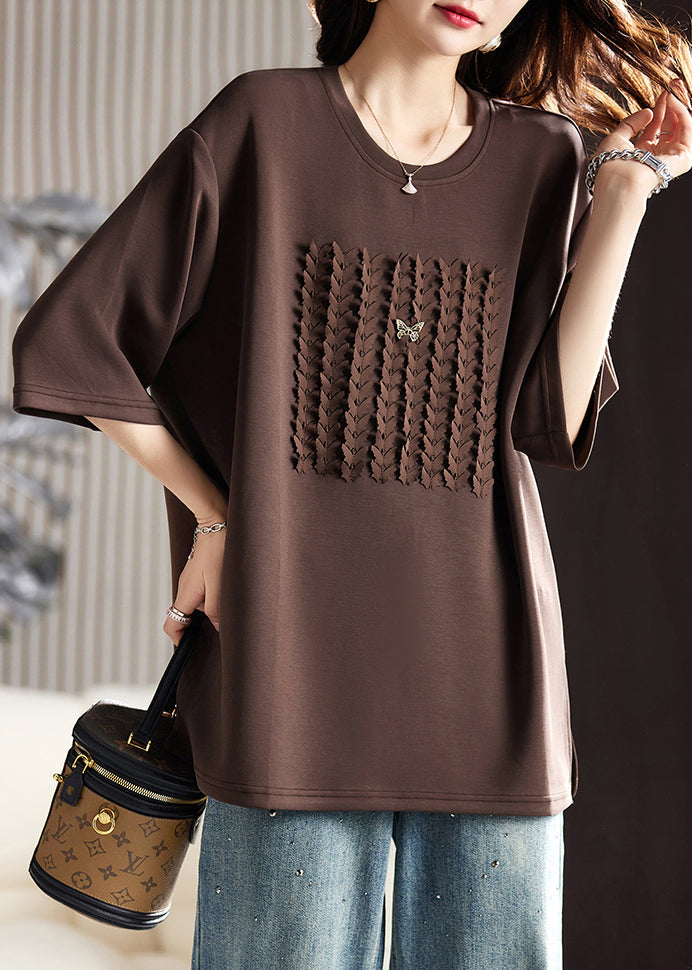 Loose Coffee O Neck Side Open Cotton T Shirt Half Sleeve