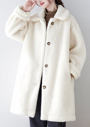 Loose Coffee Peter Pan Collar Pockets Button Faux Fur Coat Fall