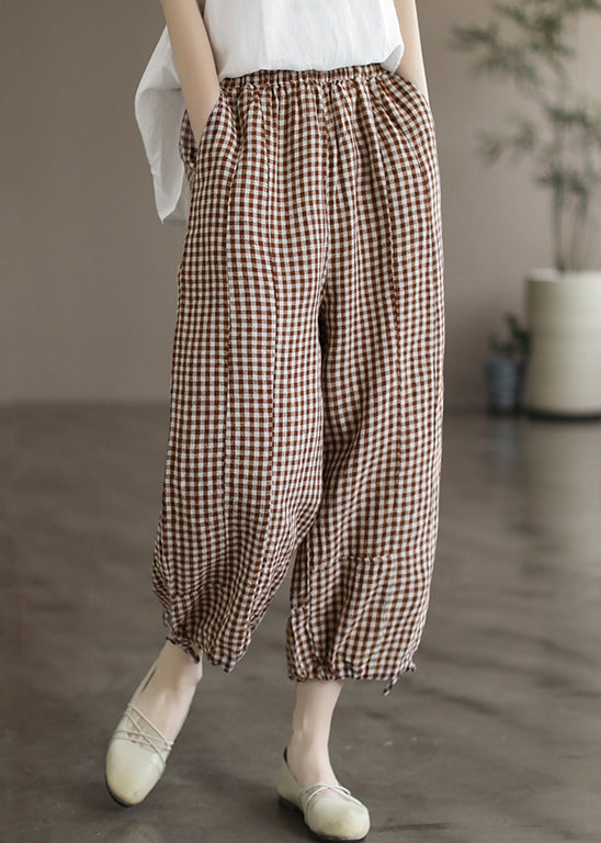 Loose Coffee Plaid Pockets Elastic Waist Linen Crop Pants Summer