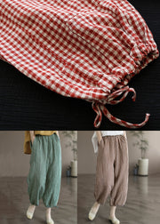 Loose Coffee Plaid Pockets Elastic Waist Linen Crop Pants Summer