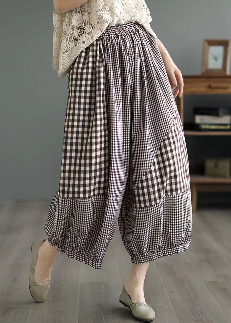 Loose Coffee Plaid Pockets Patchwork Cotton Lantern Pants Summer