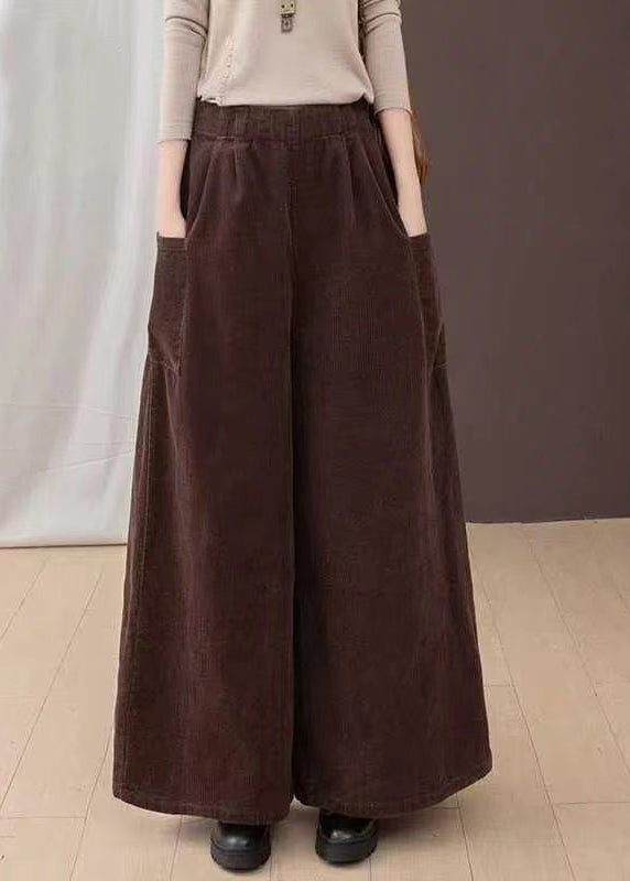 Loose Coffee Pockets Elastic Waist Corduroy Wide Leg Pants Spring