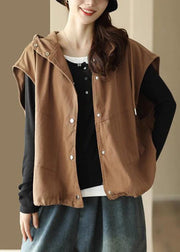 Loose Coffee Solid Button Drawstring Cotton Waistcoat Sleeveless