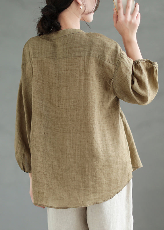 Loose Coffee Solid Button Linen Shirt Bracelet Sleeve