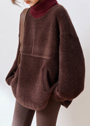 Loose Coffee Turtleneck Pockets Thick Cotton Knit Sweaters Winter