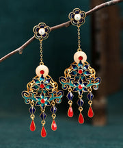 Loose Colorblock Ancient Gold Jade Pearl Enamel Tassel Drop Earrings