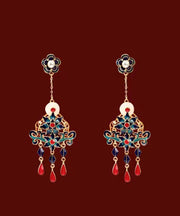 Loose Colorblock Ancient Gold Jade Pearl Enamel Tassel Drop Earrings