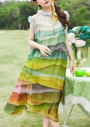 Loose Colorblock Print Ruffled Lace Up Silk Dress Sleeveless