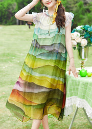 Loose Colorblock Print Ruffled Lace Up Silk Dress Sleeveless