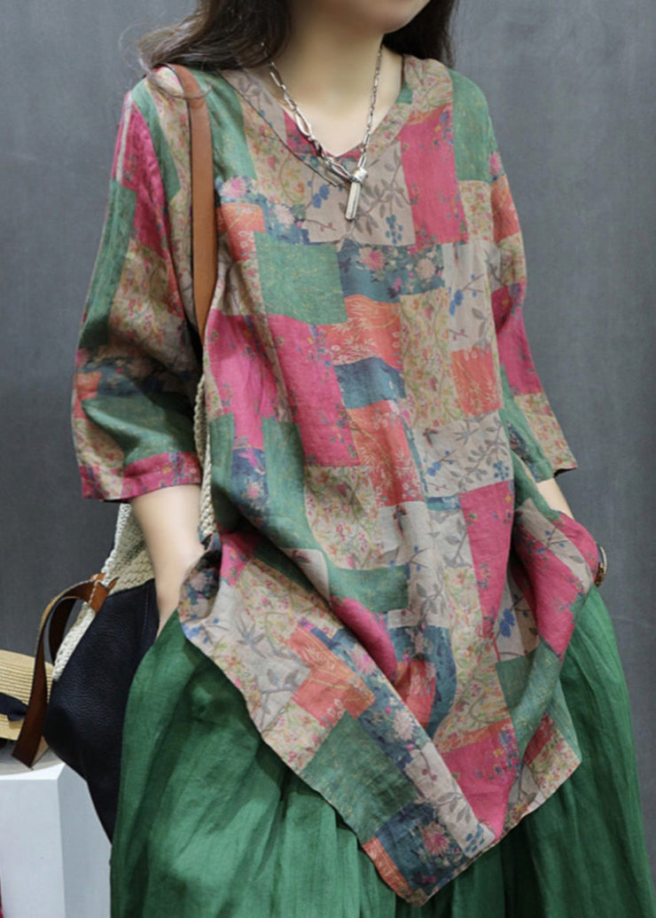 Loose Colorblock Print Side Open Linen Shirt Half Sleeve