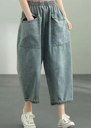 Loose Dark Blue Elastic Waist Oversized Big Pockets Cotton Denim Harem Pants Summer