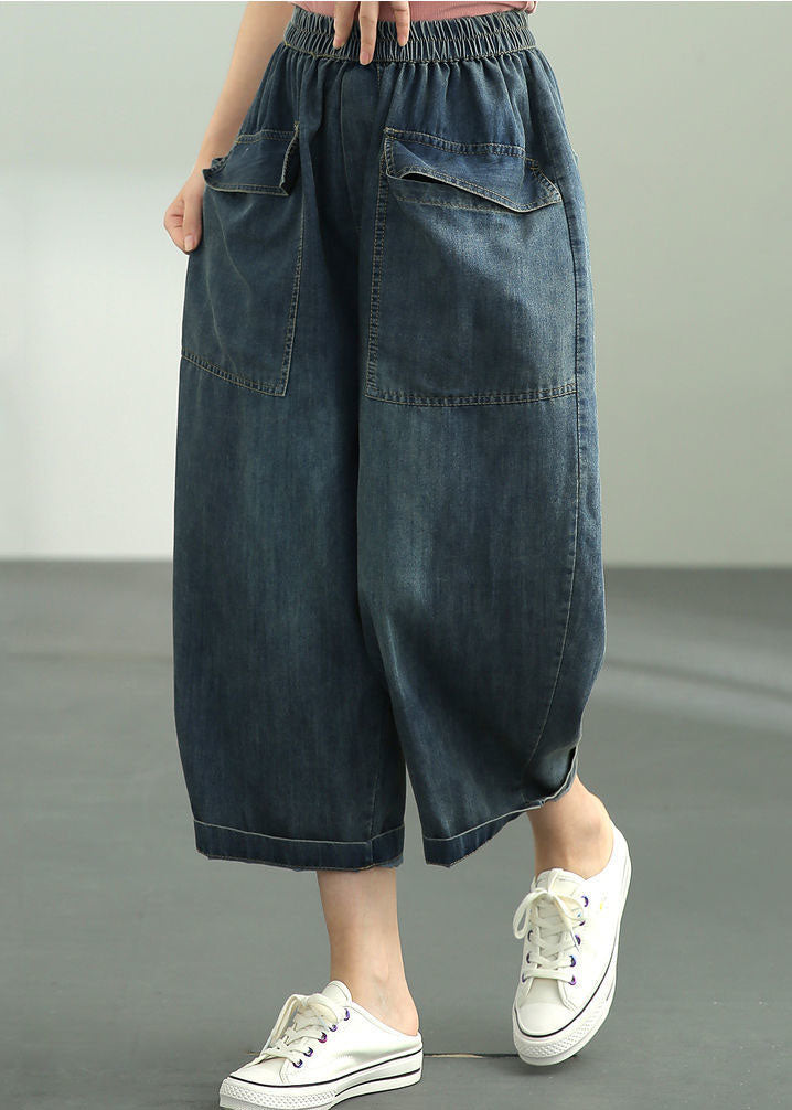 Loose Dark Blue Elastic Waist Oversized Big Pockets Cotton Denim Harem Pants Summer