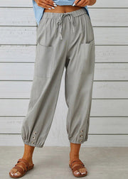 Loose Dark Gray Pockets Elastic Waist Cotton Crop Pants Summer