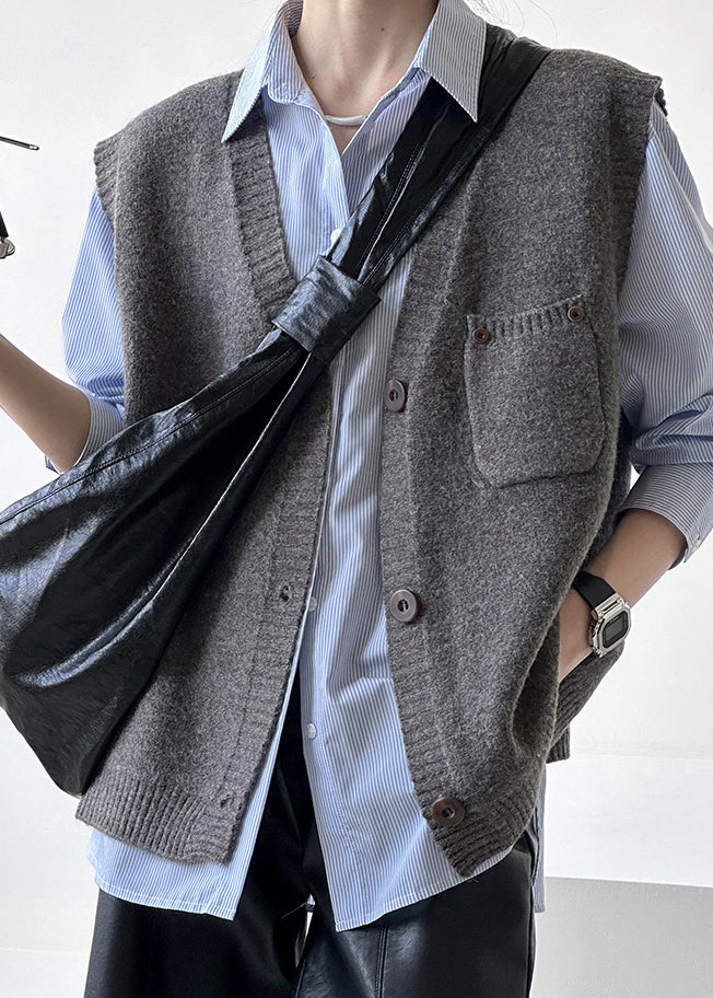 Loose Dark Gray V Neck Button Knit Vest Sleeveless