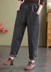 Loose Dark Grey Pockets Elastic Waist Fine Cotton Filled Pants Winter