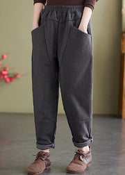 Loose Dark Grey Pockets Elastic Waist Fine Cotton Filled Pants Winter