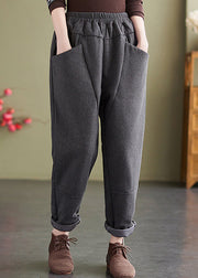 Loose Dark Grey Pockets Elastic Waist Fine Cotton Filled Pants Winter