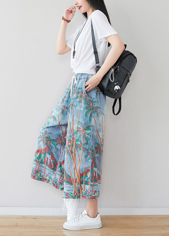 Loose Denim Blue Elastic Waist Print Cotton Wide Leg Pants Spring