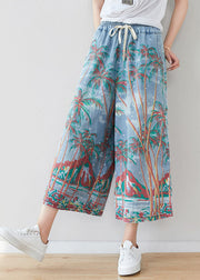 Loose Denim Blue Elastic Waist Print Cotton Wide Leg Pants Spring