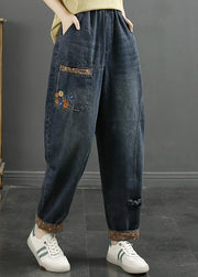 Loose Denim Blue Embroidered Pockets Elastic Waist Jeans Fall