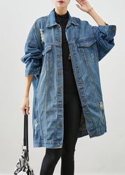 Loose Denim Blue Oversized Pockets Cotton Ripped Coats Fall