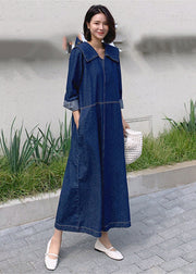 Loose Denim Blue-rabbit Peter Pan Collar Patchwork Pockets Dress Long Sleeve