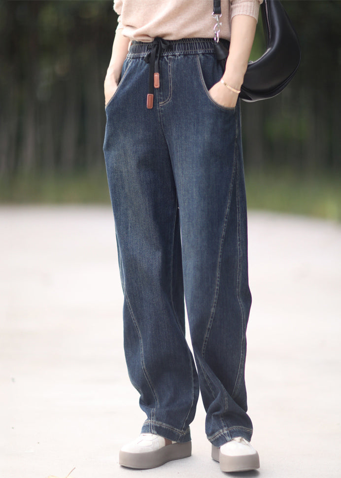 Loose Denim Blue Pockets Elastic Waist Denim Pants Spring