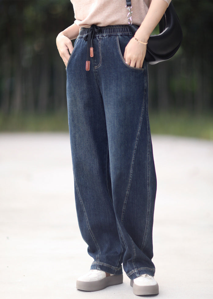 Loose Denim Blue Pockets Elastic Waist Denim Pants Spring