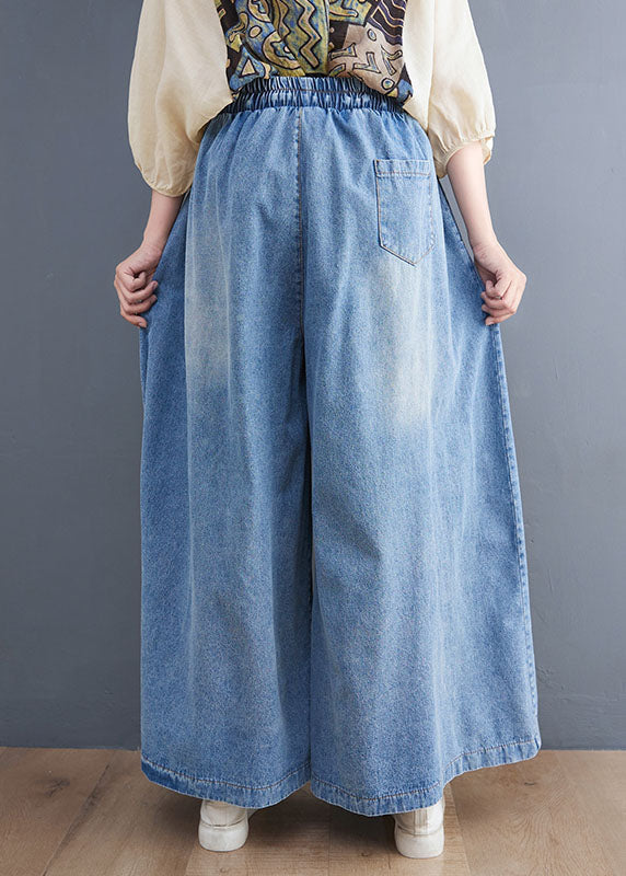 Loose Denim Blue Pockets Elastic Waist Tie Waist Wide Leg Pants Fall