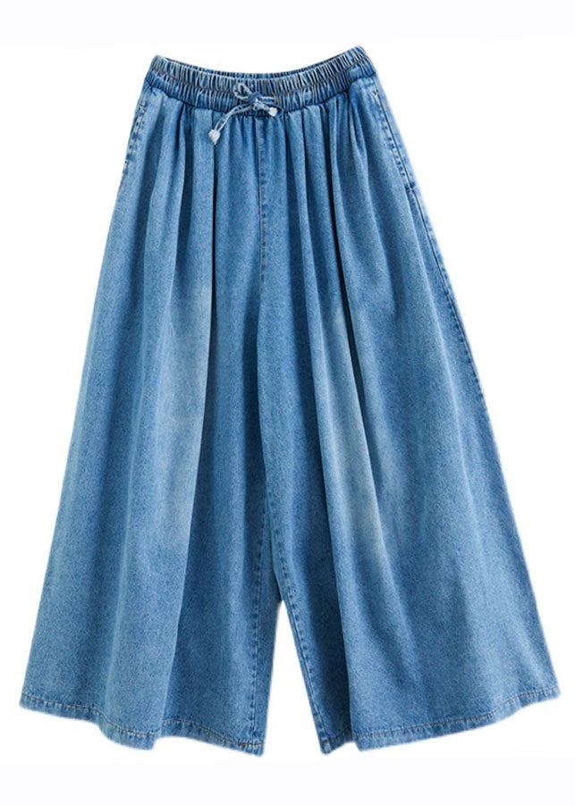 Loose Denim Blue Pockets Elastic Waist Tie Waist Wide Leg Pants Fall