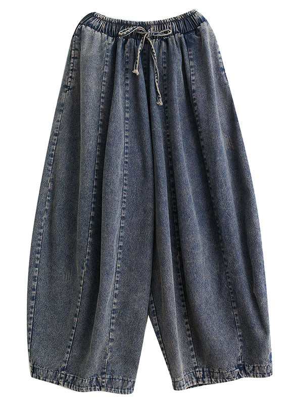 Loose Denim Blue Pockets Patchwork Elastic Waist Lantern Pants Fall