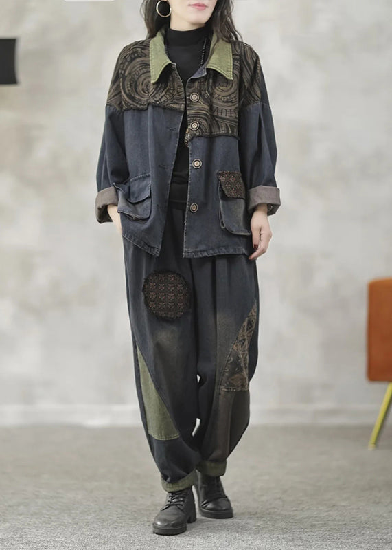 Loose Denim Blue Print Patchwork Coats And Harem Pants Two Pieces Set Fall