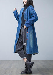 Loose Denim Blue V Neck Patchwork Pockets Cotton Trench Coats Spring