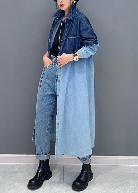 Loose Gradient Color Button Pockets Denim Long Coat Fall