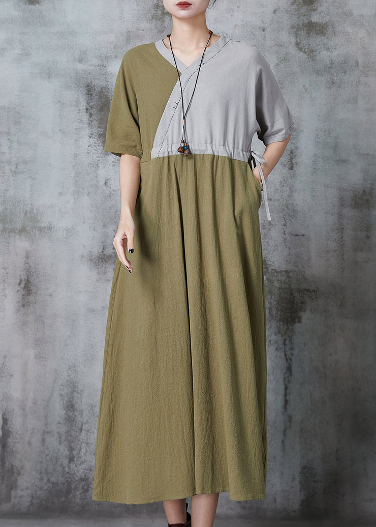 Loose Green Cinched Patchwork Linen Dress Summer