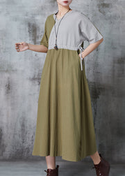 Loose Green Cinched Patchwork Linen Dress Summer