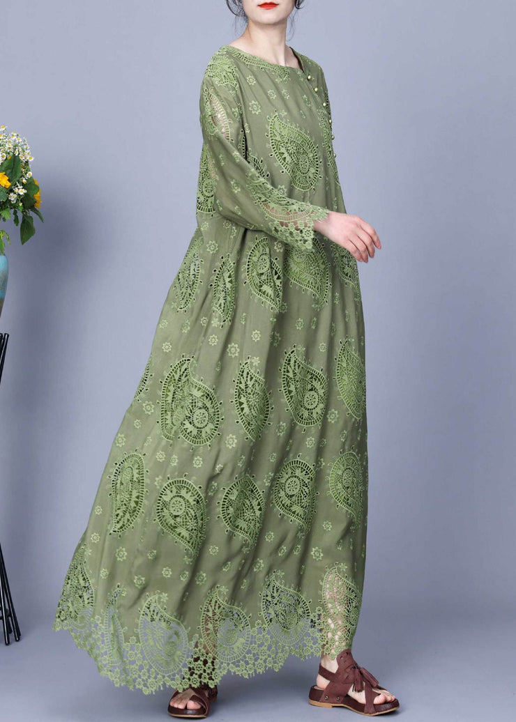 Loose Green Embroidered Button Cotton Maxi Dress Long Sleeve