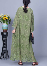 Loose Green Embroidered Button Cotton Maxi Dress Long Sleeve